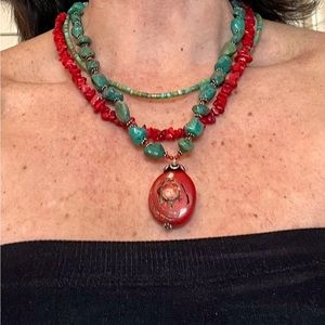South Western Turquoise and Coral Medallion Choker